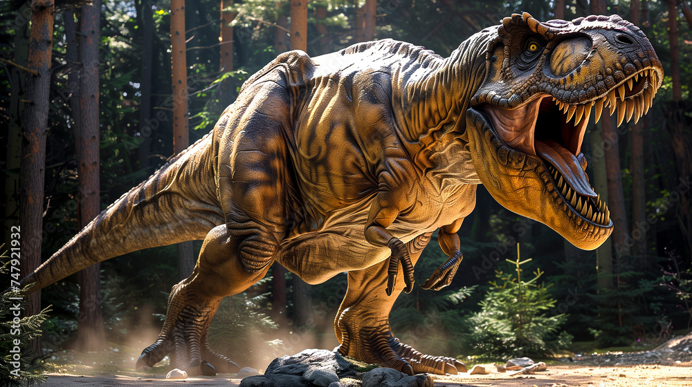 Tyrannosaurus rex dinosaur on a lush and verdant woods in the