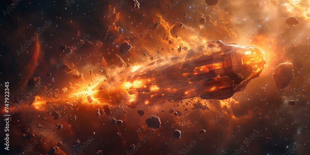 Fiery explosions as a space battleship gets critically hit. Concept Space Battleship, Explosions, Fiery Visuals, Intense Action, Critical Hit