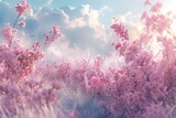 Pink flowers, in surreal 3d landscape, soft and dreamy tones, fairy tale Generative Ai 