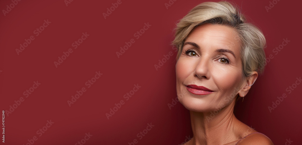 Fototapeta premium Beautiful elderely woman with healthy skin, makeup, stylish hairstyle, smiling. Banner with gorgeous older woman, studio shot, red background. 