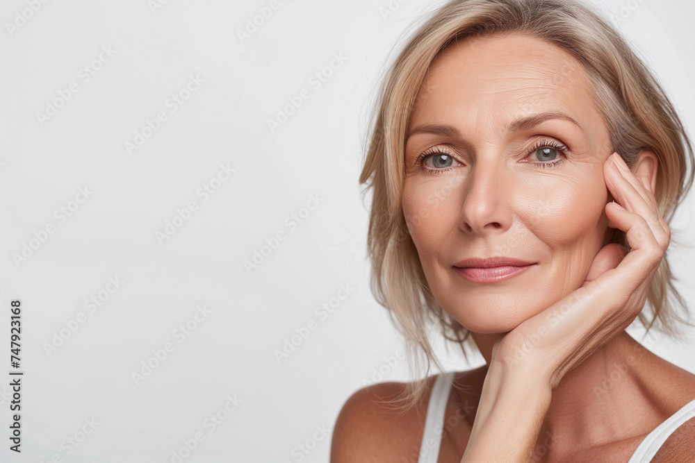 Stunning mature woman with blond hair, looking into the camera, smiling. Beautiful older woman, studio shot. Stunning mature woman with blond hair, looking into the camera, smiling. Beautiful older woman, studio shot.