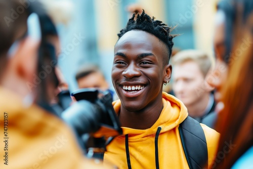 A young smiling happy black male athlete talks to journalists and gives interviews © Vadim