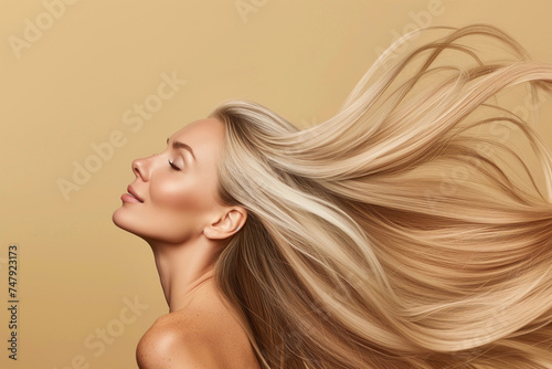 Side view of beautiful woman with long healthy hair, wind blowing through the hair, lifting it. Stunning female model with closed eyes on yellow golden backgroung. 