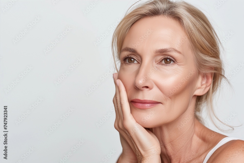 Stunning mature woman with blond hair, looking into the camera, smiling. Beautiful older woman, studio shot. Stunning mature woman with blond hair, looking into the camera, smiling. Beautiful older woman, studio shot.