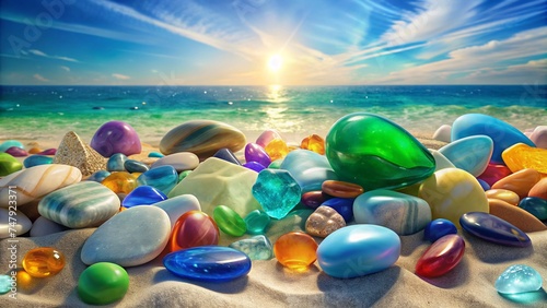 Colorful Gemstones on a Beach. Polish Textured Sea Glass and Stones on the Seashore. Green, Blue Shiny Glass with Multi-Colored Sea Pebbles Close-up. Beach Summer Background. photo