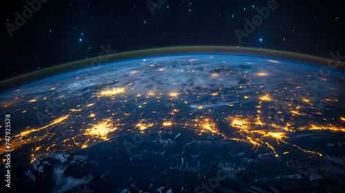 Highly detailed planet Earth at night with embossed continents, illuminated by light of cities. Earth is surrounded by a luminous network, representing the major air routes based on real data.
