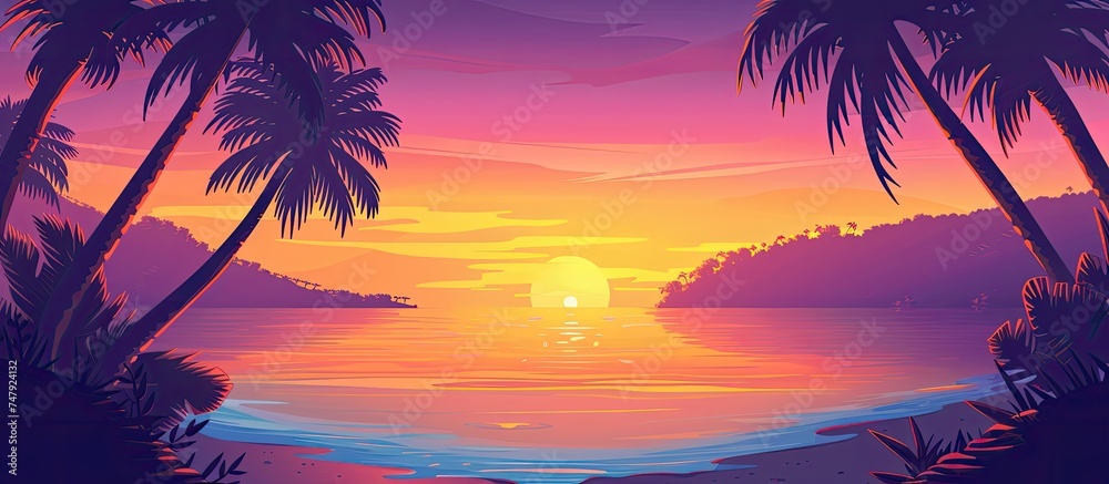 A vivid painting capturing the essence of a tropical sunset, with palm trees silhouetted against the colorful sky. The scene exudes warmth and relaxation, transporting the viewer to a tranquil beach