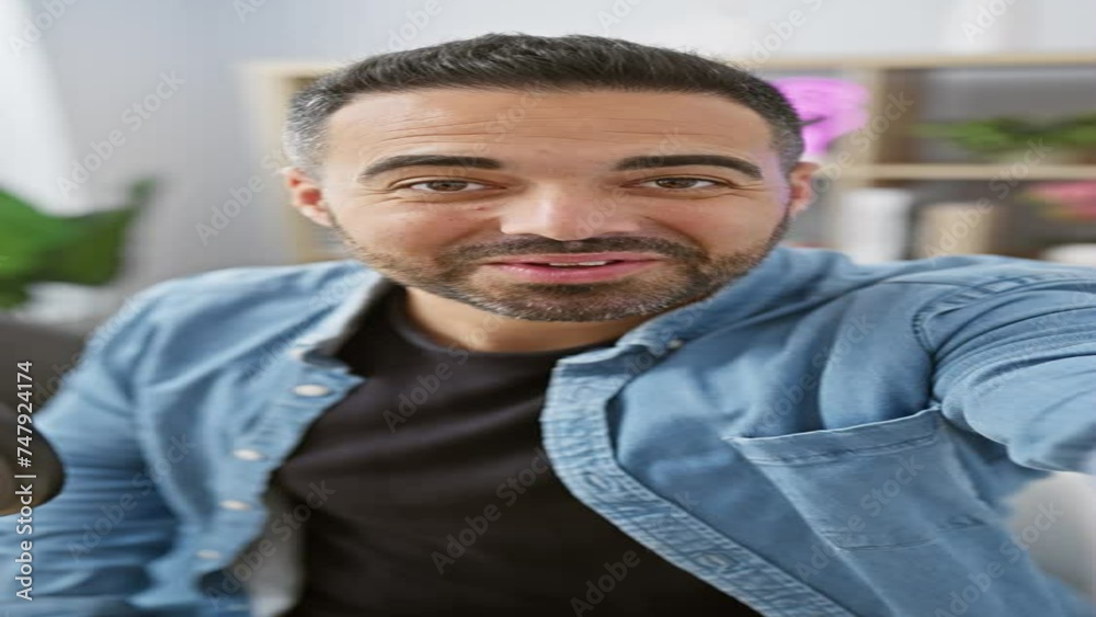 A cheerful young hispanic man with a beard posing in an indoor studio setting.