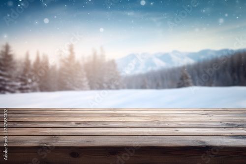 Empty old Wooden table in front of winter snowstorm landscape blurred background сreated with Generative Ai © Andrii Yablonskyi