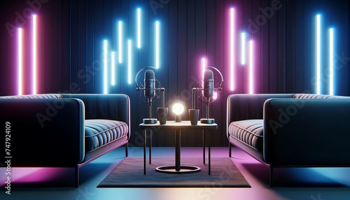 Contemporary podcast studio setup with two microphones on a table, flanked by stylish sofas under vibrant neon lights.