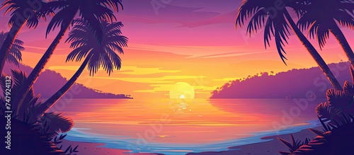 A vivid painting capturing the essence of a tropical sunset, with palm trees silhouetted against the colorful sky. The scene exudes warmth and relaxation, transporting the viewer to a tranquil beach