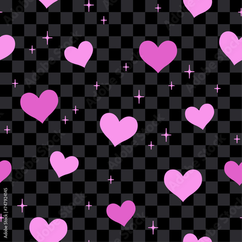 Seamless pattern with pink heart on dark background. Vector texture.  Fabric, textile print.
