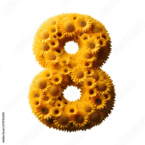 Number 8 is made of real natural Yellow flowers, Isolated on a white background, flower font concept, Creative Numbers