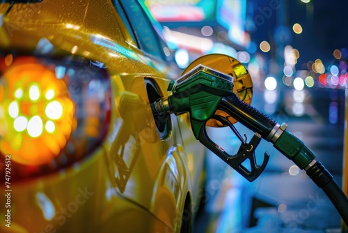 Hand female Refill and filling Oil Gas Fuel at station. Gun petrol in the tank to fill. Pumping gasoline fuel in car at gas station.