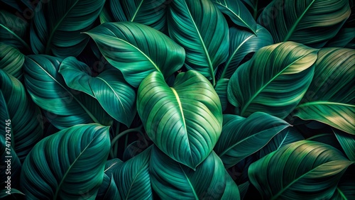 Leaves of Spathiphyllum cannifolium. Abstract Dark Green Texture  Nature Background  Tropical Leaf.