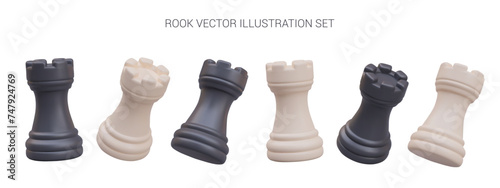 White and black realistic rook. 3D chess pieces in different positions