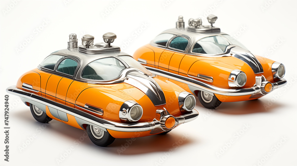 The color retro toy tin cars collection on a white background.