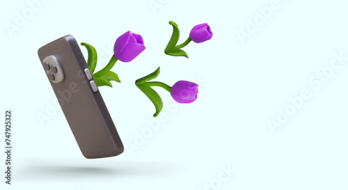 Purple tulips fly out of realistic smartphone. Express delivery of flowers