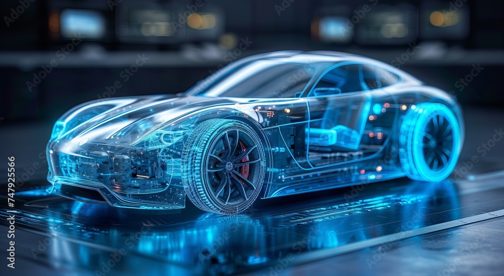 3D graphic rendering showing a fully car with a holographic design on a blue background.generative ai 3D graphic rendering showing a fully car with a holographic design on a blue background.generative ai