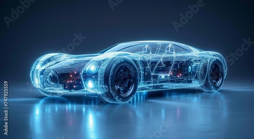3D graphic rendering showing a fully car with a holographic design on a blue background.generative ai © AI PIC