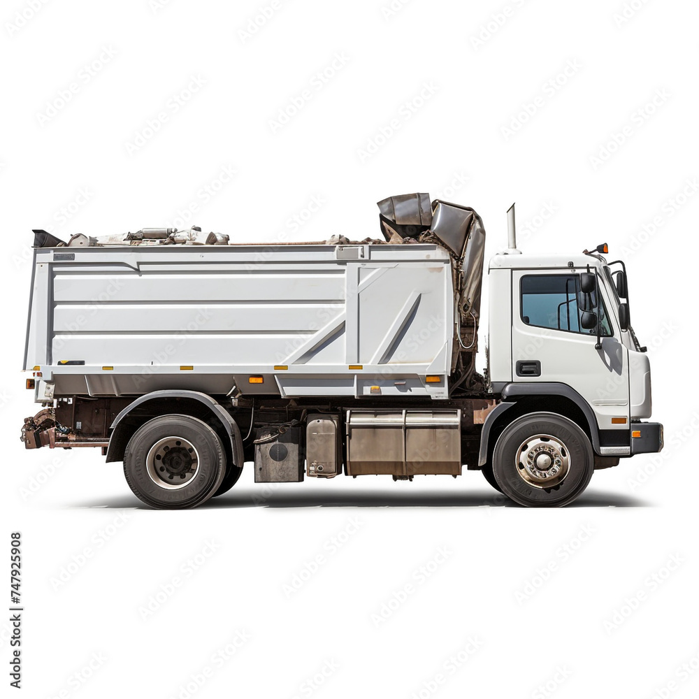 side view perspective Photo image Garbage Truck on a white background сreated with Generative Ai