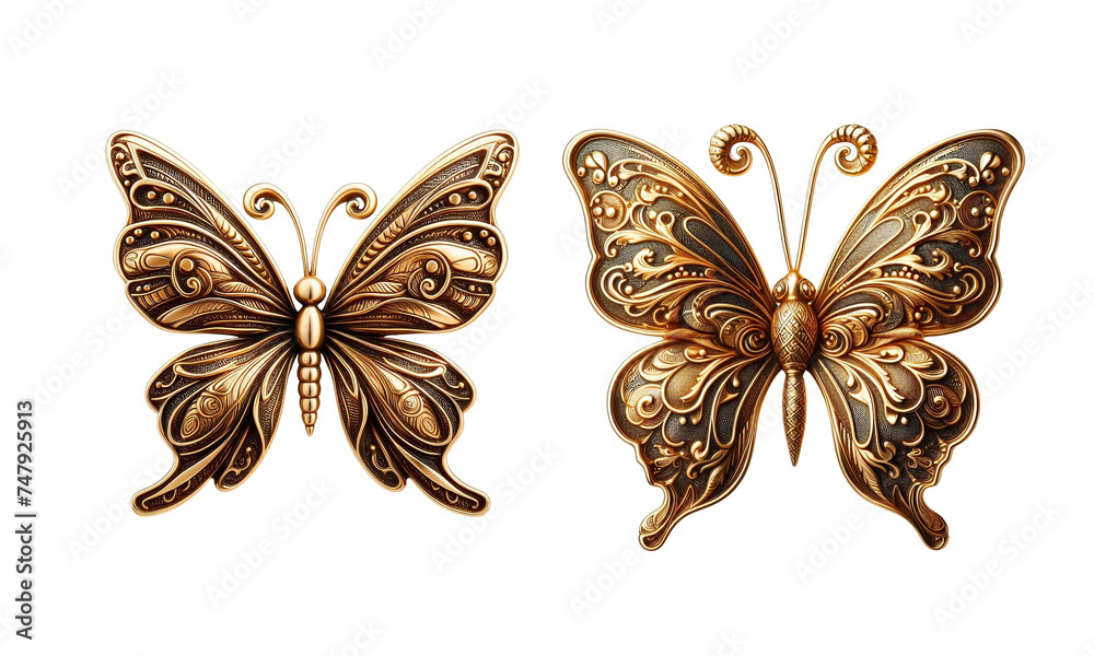 Butterfly brooch old fashion made of gold with intricate design 2 set transparent background PNG - obrazy, fototapety, plakaty 