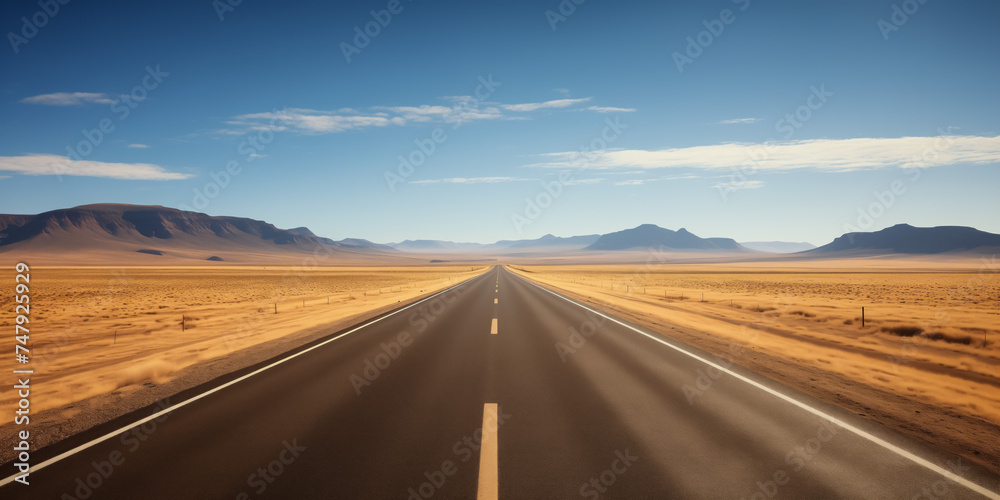 Endless desert road with distant mountains under clear skies - obrazy, fototapety, plakaty 