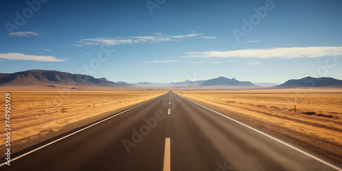 Endless desert road with distant mountains under clear skies photo