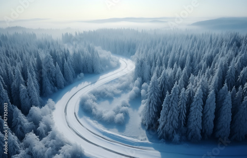 Serene winter wonderland, snowy trees and winding road