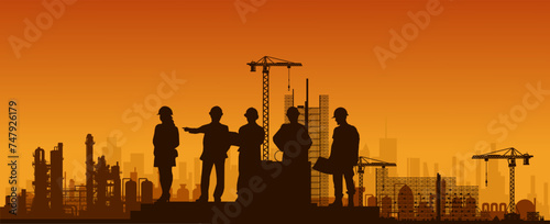  Silhouette Industrie Bauindustrie Ausbau - Gruppe von 5 Arbeitern und Ingenieuren mit Bauhelm - Team Meeting - Körper Haltung für Erfolg