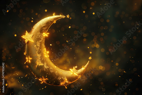 3d golden crescent with stars on a black background. ramadan kareem holiday celebration concept. greeting card template photo