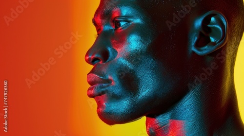 A close-up of a person's face with a dramatic color gradient background highlighting the skin's texture and the person's contemplative expression.