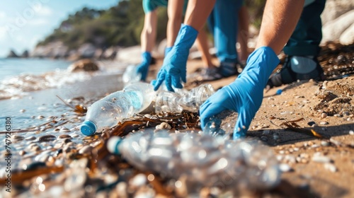 A group of people wearing blue gloves are picking up plastic bottles from a rocky beach contributing to environmental cleanup efforts. © iuricazac