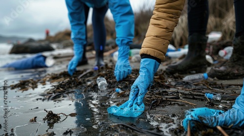 Two people wearing blue gloves and rain gear cleaning up a beach littered with plastic waste.
