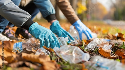 Two people wearing blue gloves picking up plastic bottles from a ground covered with fallen leaves.
