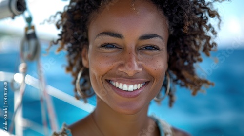 Woman with curly hair smiling wearing earrings on boat blue background.