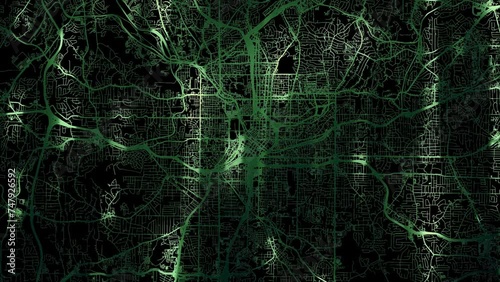Zoom in road map of Atlanta Georgia with green glowing roads on a black background.
