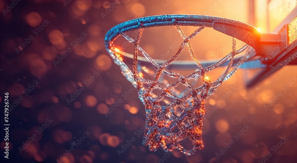 Basketball hoop and ball, scoring points in basketball game close up. Generative ai