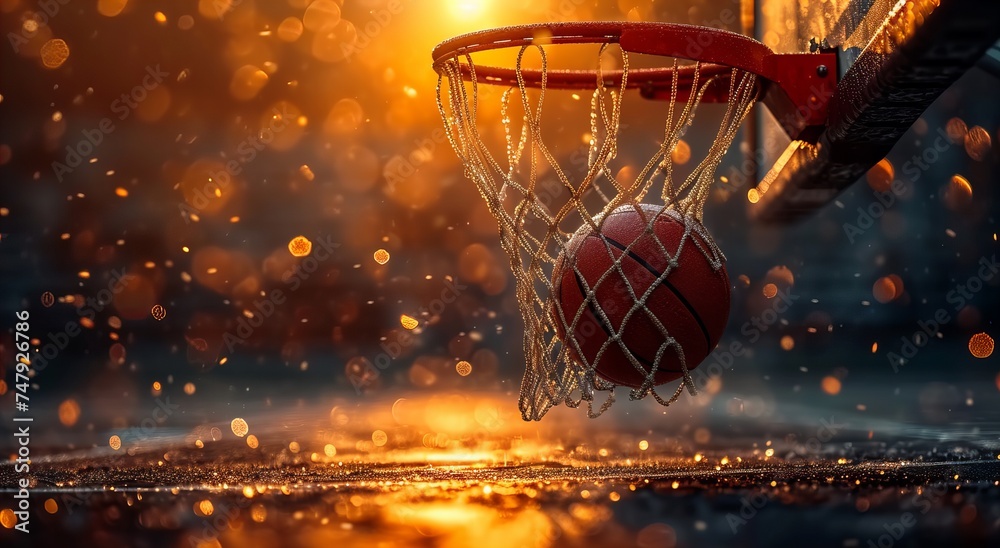 Basketball hoop and ball, scoring points in basketball game close up. Generative ai