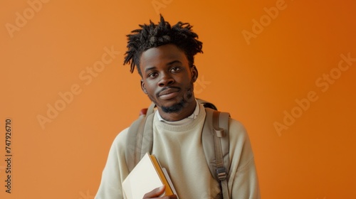 Young man with dreadlocks wearing a beige sweater and a backpack holding a notebook standing against an orange background. © iuricazac