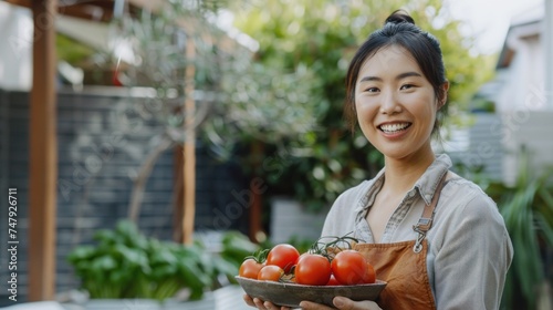 A cheerful woman in an apron holding a bowl of ripe tomatoes with a garden in the background.