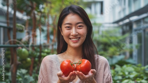 A young woman with a radiant smile holding two ripe red tomatoes standing amidst lush greenery exuding a sense of freshness and vitality.