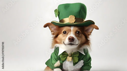 st patricks day leprechaun, a dog dressed like leprechaun wearing a hat and a clover on white background, generative ai