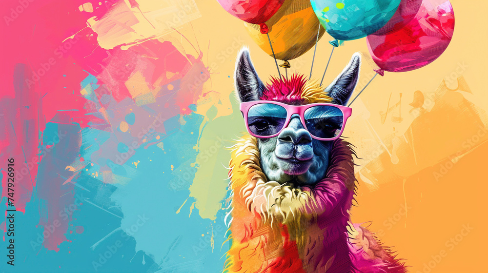 Colorful pop art style llama sporting cool sunglasses - obrazy, fototapety, plakaty 