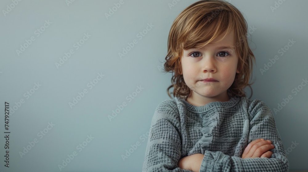 Young child with curly hair wearing a gray sweater standing against a light blue background with arms crossed looking directly at the camera. Young child with curly hair wearing a gray sweater standing against a light blue background with arms crossed looking directly at the camera.