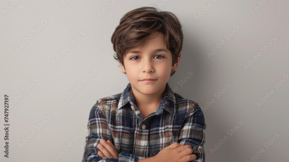 Young boy with brown hair wearing a plaid shirt standing against a gray wall with his arms crossed. Young boy with brown hair wearing a plaid shirt standing against a gray wall with his arms crossed.
