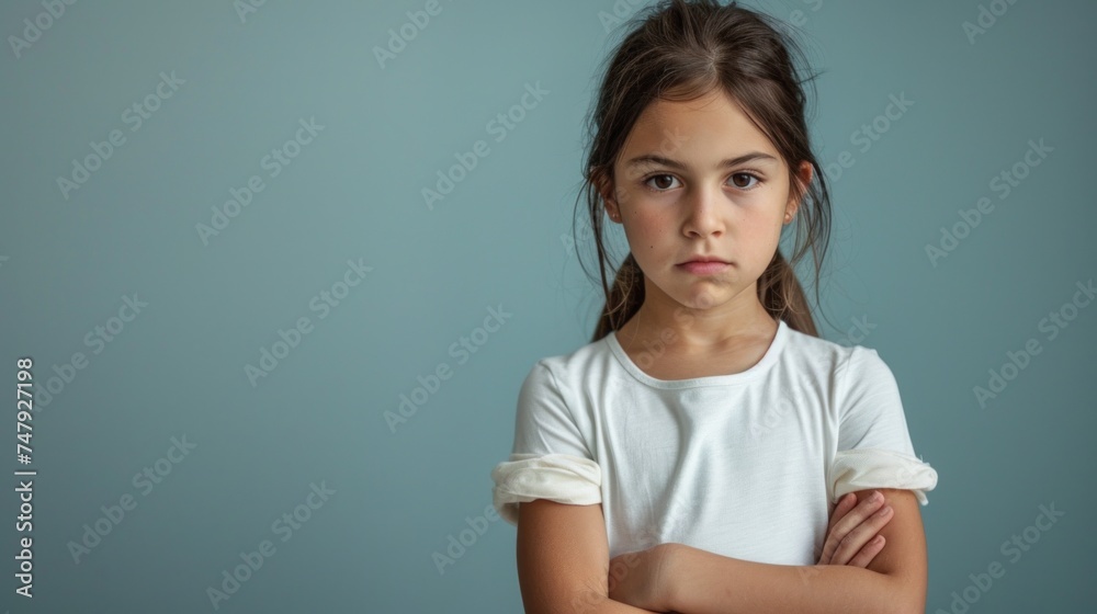 Young girl with arms crossed standing against a blue background wearing a white t-shirt with a serious expression on her face. Young girl with arms crossed standing against a blue background wearing a white t-shirt with a serious expression on her face.