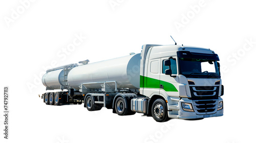 Truck with hydrogen fuel tank trailer isoalated on transparent or white background. Truck transporting gas or green hydrogen.