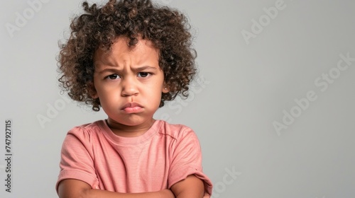 A young child with curly hair wearing a pink shirt frowning and crossing their arms in a defiant pose.