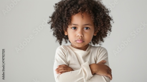 Young child with curly hair wearing a white long-sleeve shirt standing against a plain background with arms crossed looking directly at the camera.